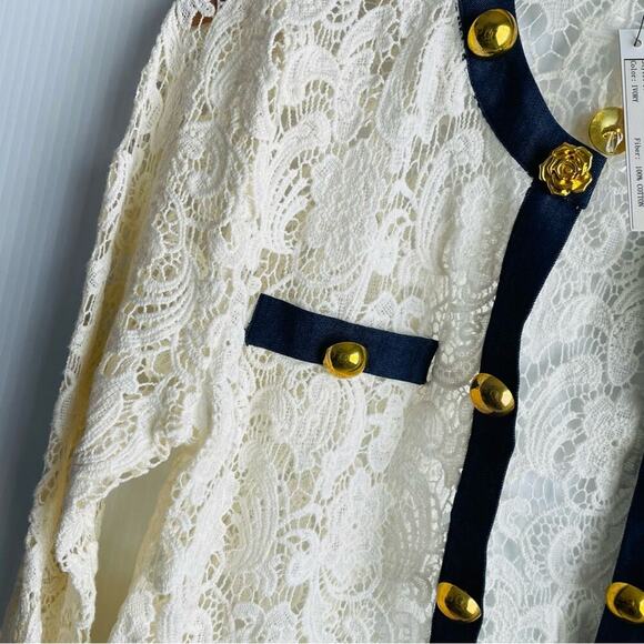 🆕 Michael Simon crocheted button jacket with denim trim NWT cardigan size med - Picture 10 of 15